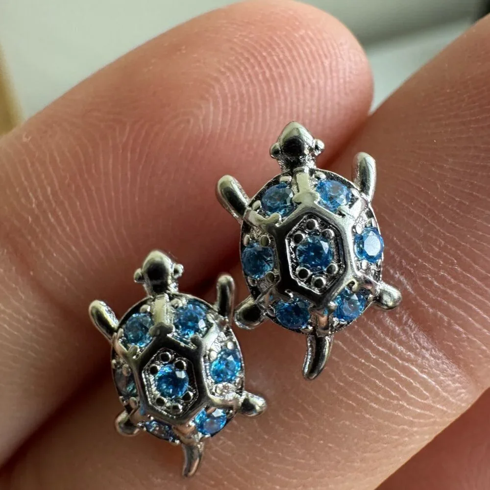 Sterling Silver 925 Turtle Earrings with Blue Crystals – Ocean Inspired Studs - Picture 2 of 6